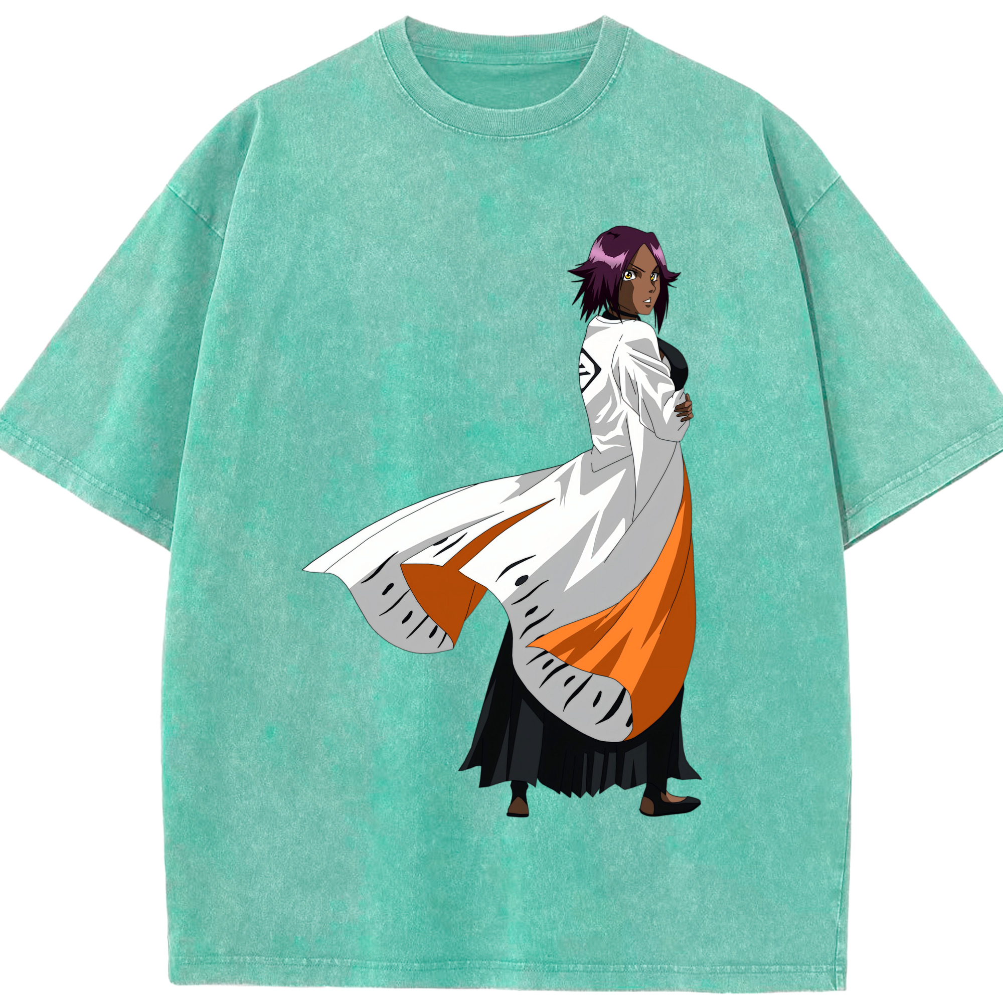 （画像用） ブリーチ 四楓院 夜一（しほういん よるいち） BLEACH Shihouin Yoruichi 綿100% ヴィンテージ風 半袖Tシャツ（フロントプリント）